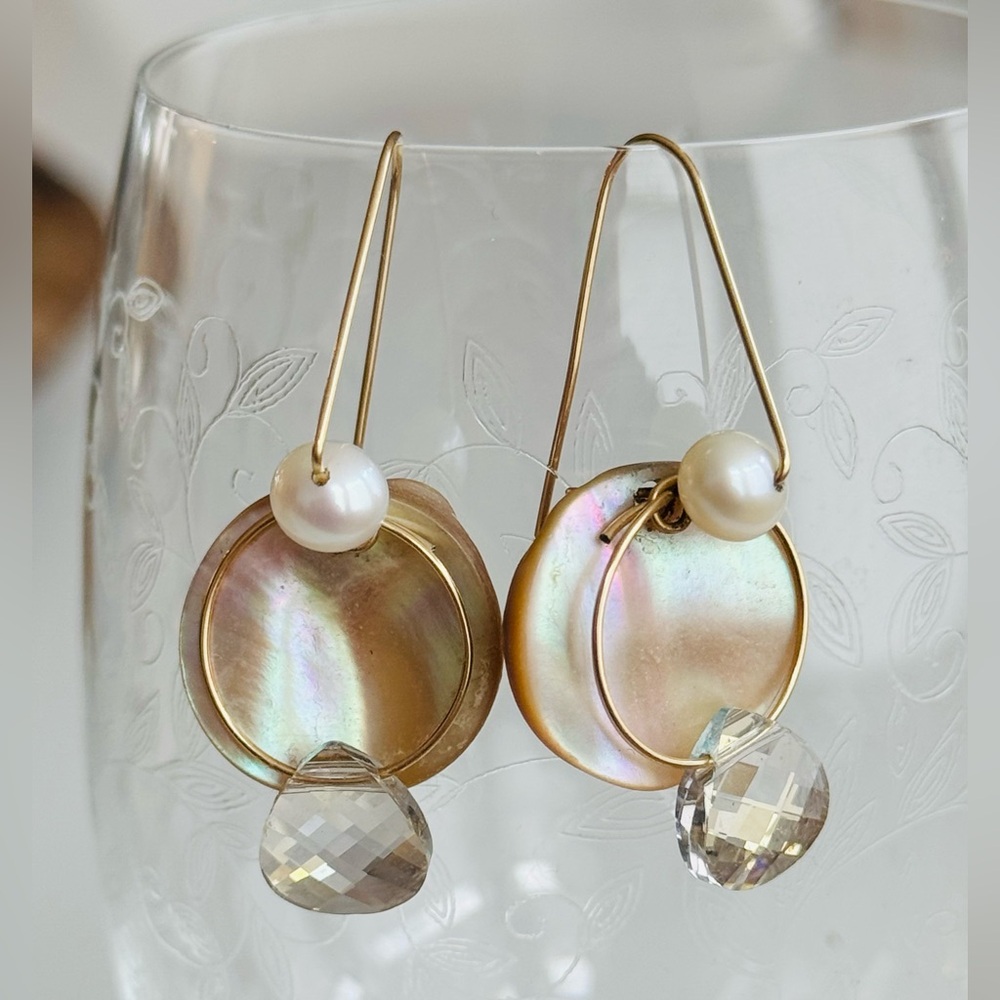 Abalone gold filled wire wrapped Pearl Drop Earrings with crystal drop